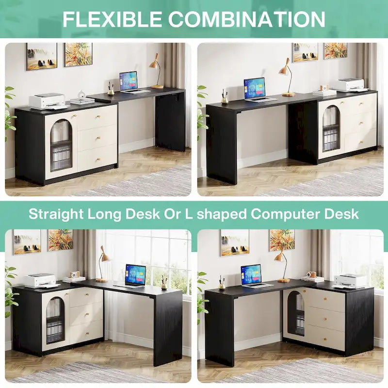 Reversible L-Shaped Computer Desk with Drawers and Storage Cabinet