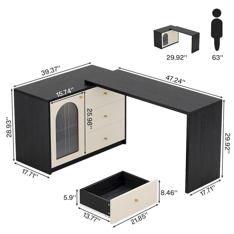 Reversible L-Shaped Computer Desk with Drawers and Storage Cabinet