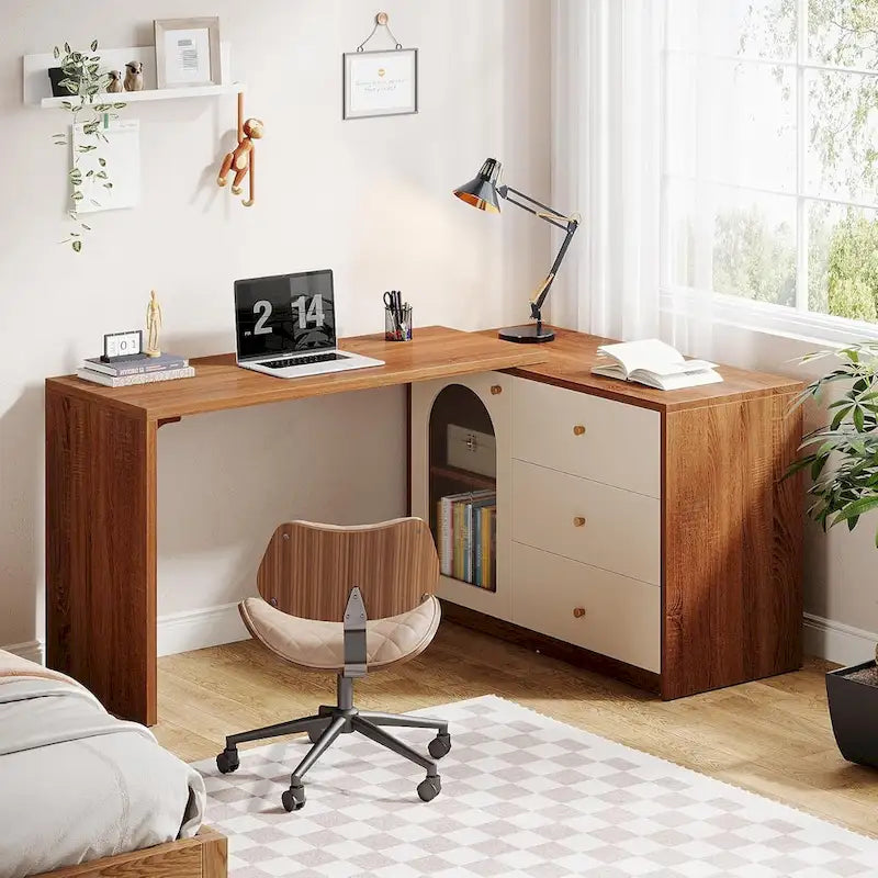 Reversible L-Shaped Computer Desk with Drawers and Storage Cabinet