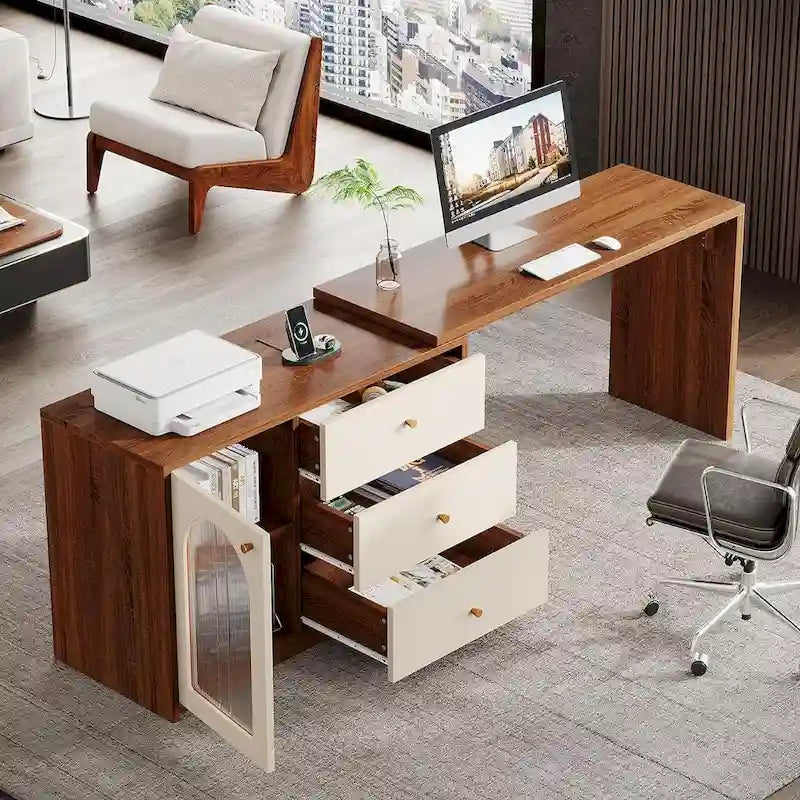 Reversible L-Shaped Computer Desk with Drawers and Storage Cabinet