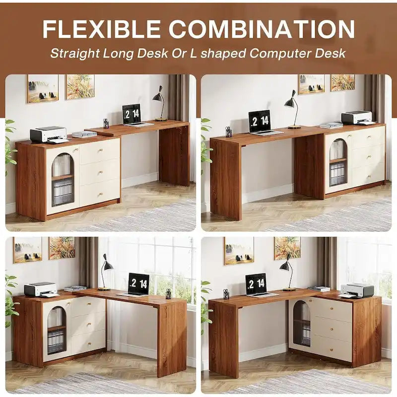 Reversible L-Shaped Computer Desk with Drawers and Storage Cabinet