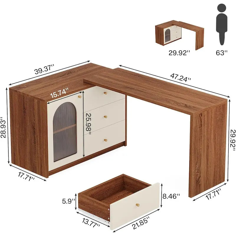 Reversible L-Shaped Computer Desk with Drawers and Storage Cabinet
