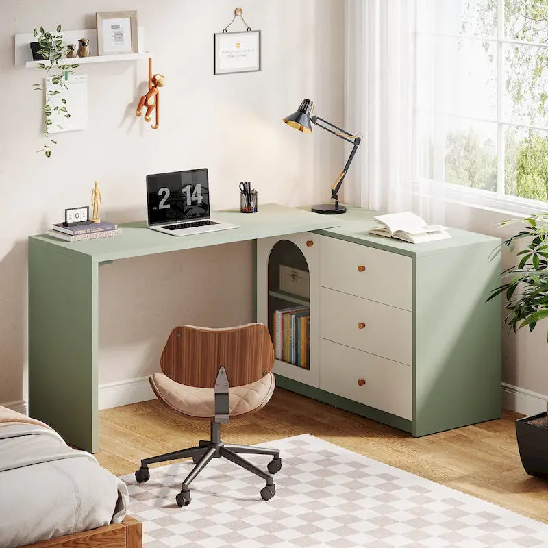 Reversible L-Shaped Computer Desk with Drawers and Storage Cabinet