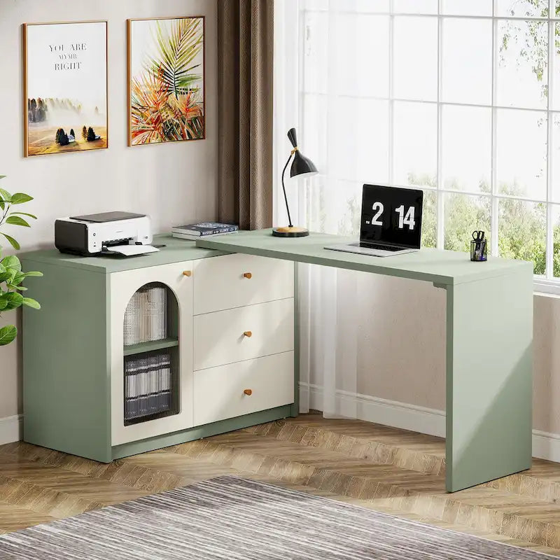 Reversible L-Shaped Computer Desk with Drawers and Storage Cabinet