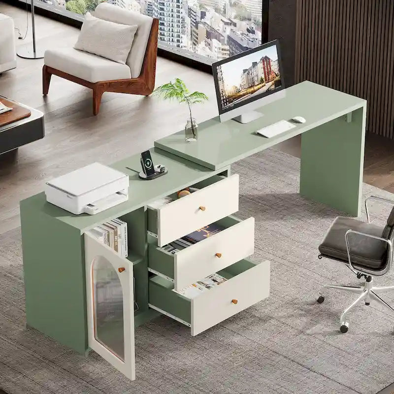 Reversible L-Shaped Computer Desk with Drawers and Storage Cabinet