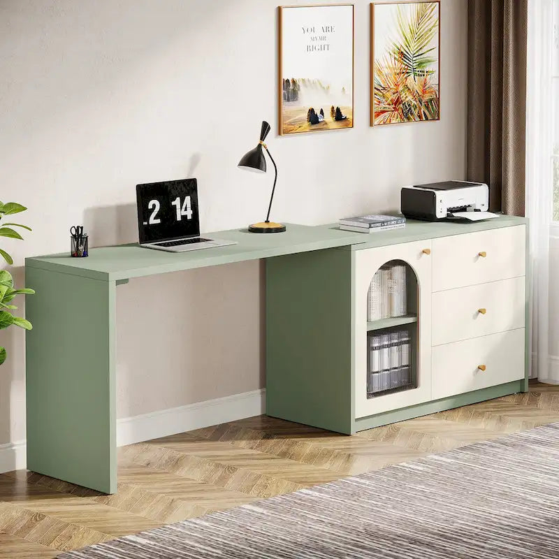 Reversible L-Shaped Computer Desk with Drawers and Storage Cabinet