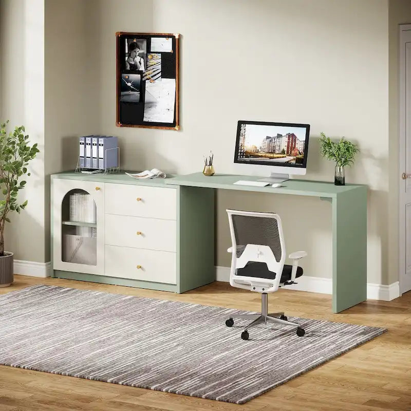 Reversible L-Shaped Computer Desk with Drawers and Storage Cabinet