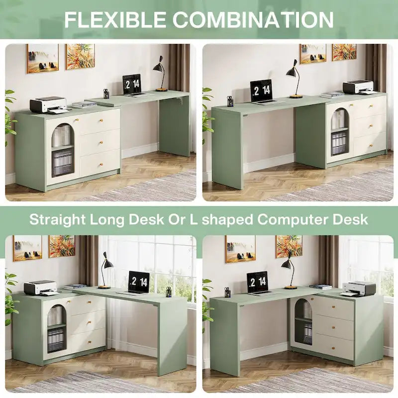 Reversible L-Shaped Computer Desk with Drawers and Storage Cabinet