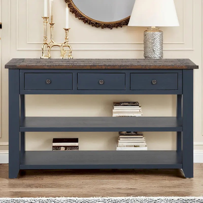Vintage Distressed Wood Console Table with 3 Drawers and Open Shelves Blue
