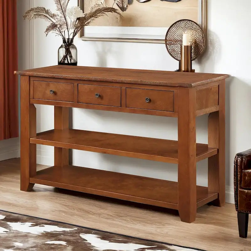 Vintage Distressed Wood Console Table with 3 Drawers and Open Shelves Blue
