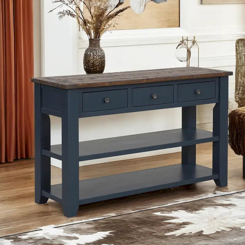 Vintage Distressed Wood Console Table with 3 Drawers and Open Shelves Blue
