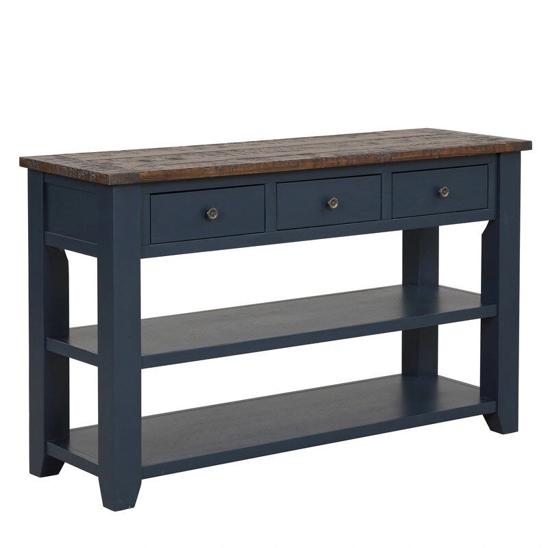 Vintage Distressed Wood Console Table with 3 Drawers and Open Shelves Blue