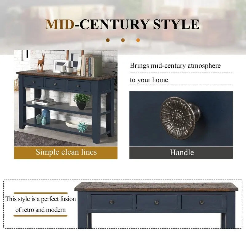 Vintage Distressed Wood Console Table with 3 Drawers and Open Shelves Blue