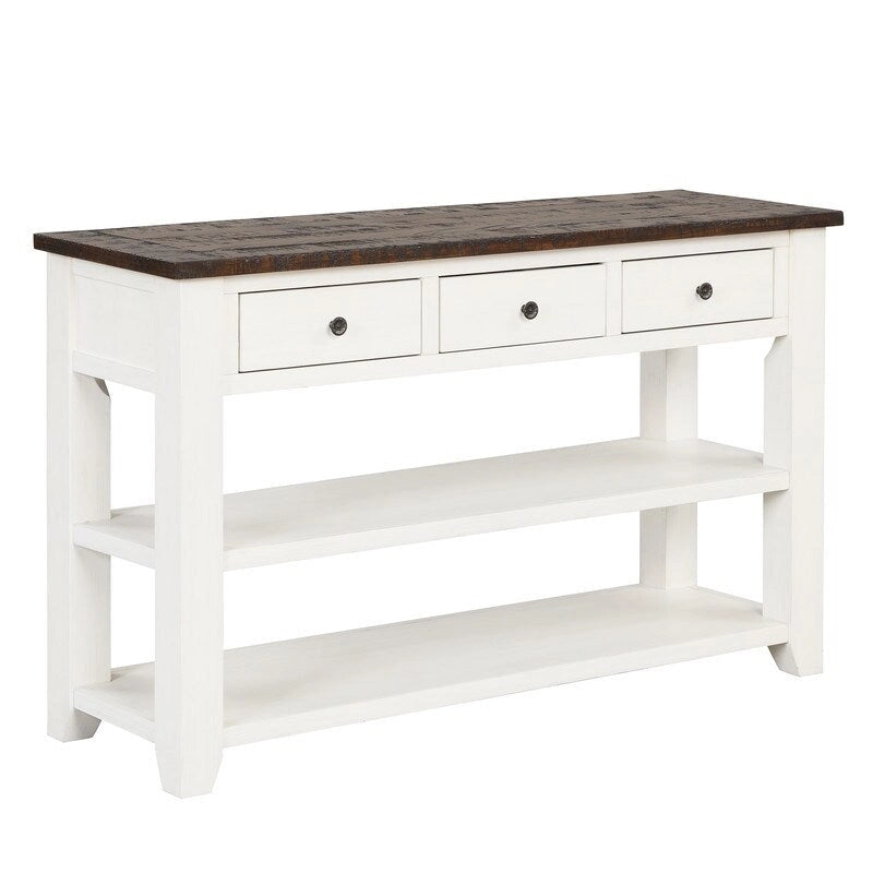 Vintage Distressed Wood Console Table with 3 Drawers and Open Shelves Blue