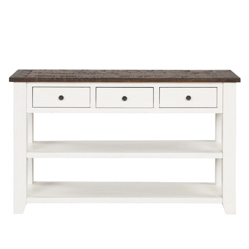 Vintage Distressed Wood Console Table with 3 Drawers and Open Shelves Blue