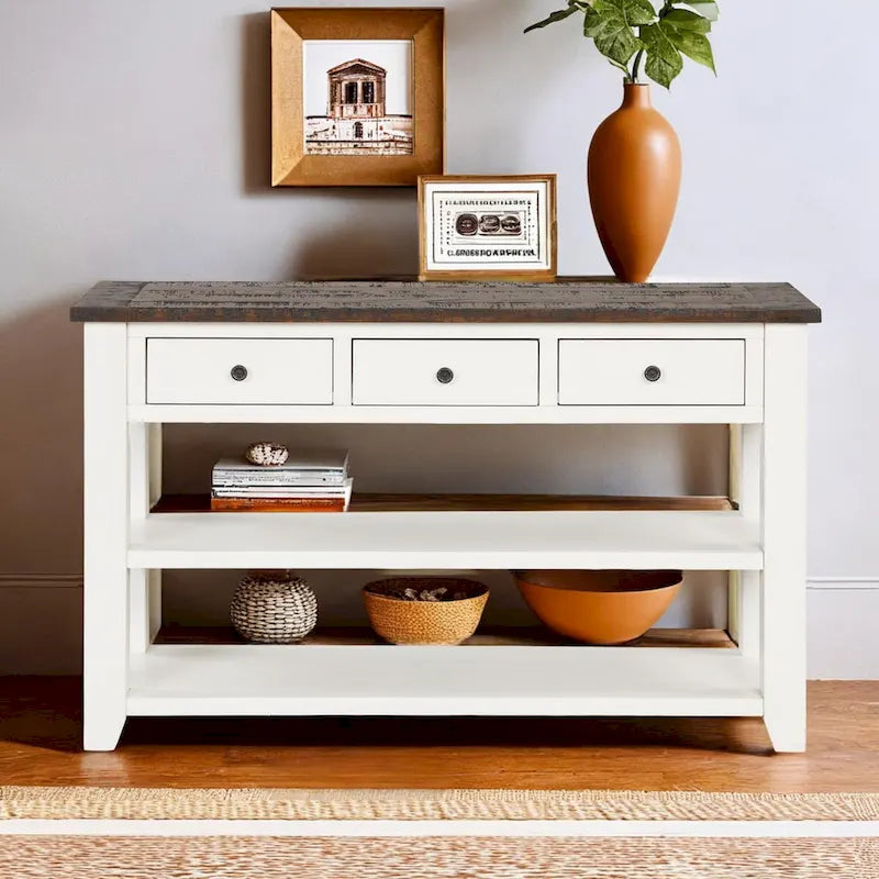 Vintage Distressed Wood Console Table with 3 Drawers and Open Shelves Blue