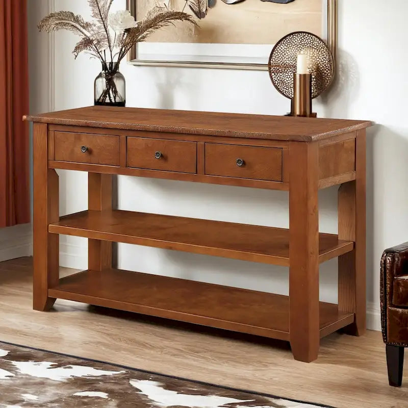 Vintage Distressed Wood Console Table with 3 Drawers and Open Shelves Blue