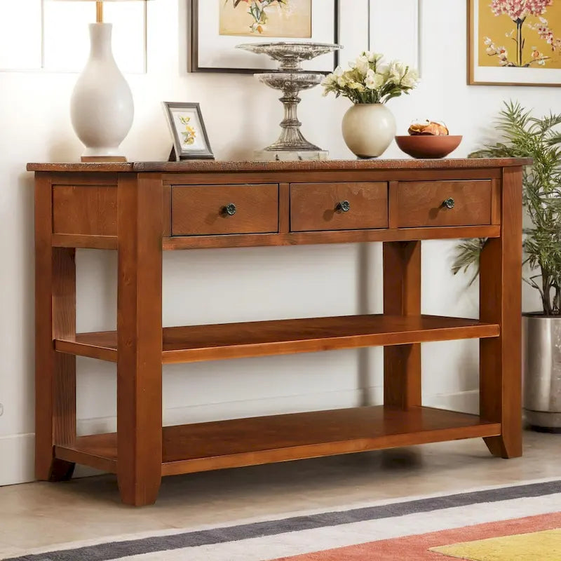Vintage Distressed Wood Console Table with 3 Drawers and Open Shelves Blue