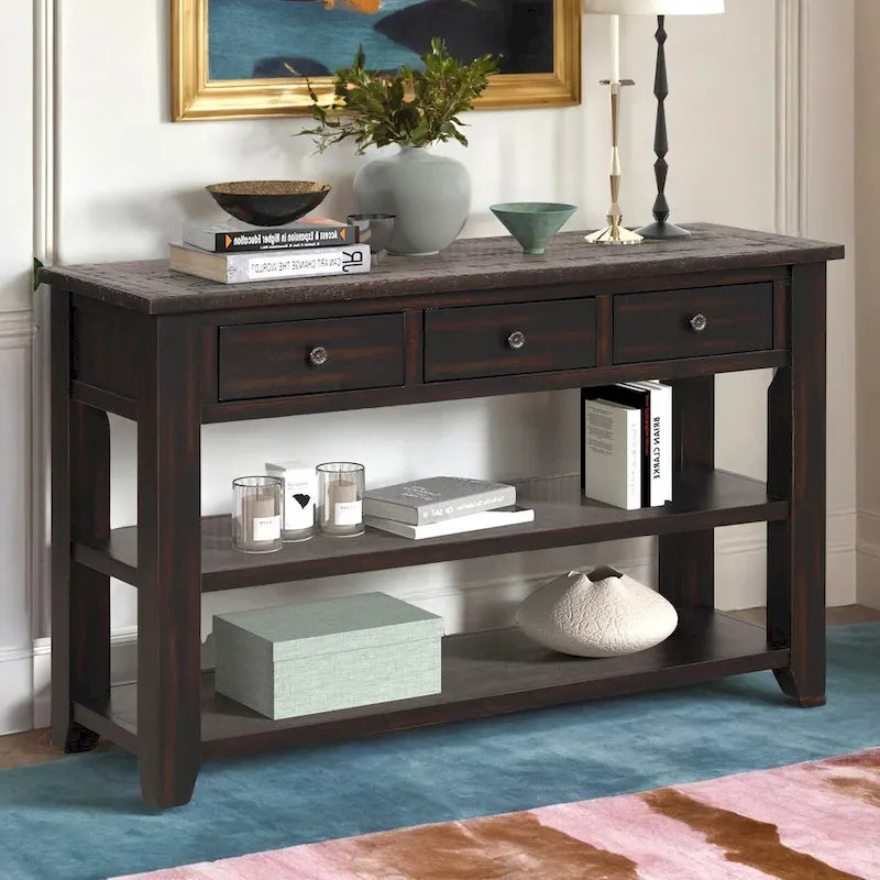 Vintage Distressed Wood Console Table with 3 Drawers and Open Shelves Blue