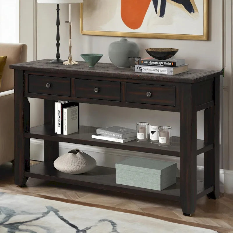 Vintage Distressed Wood Console Table with 3 Drawers and Open Shelves Blue