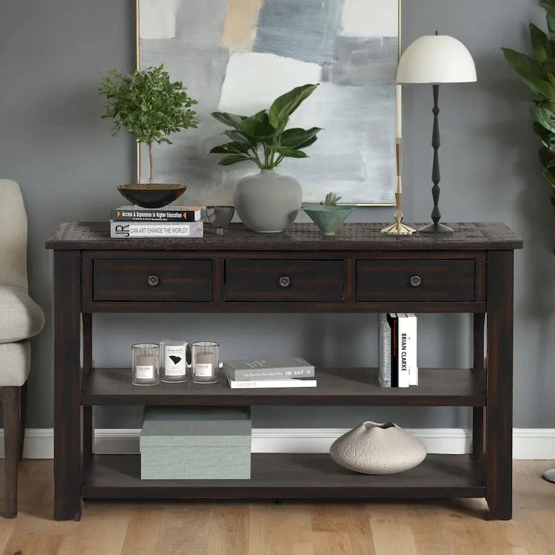 Vintage Distressed Wood Console Table with 3 Drawers and Open Shelves Blue