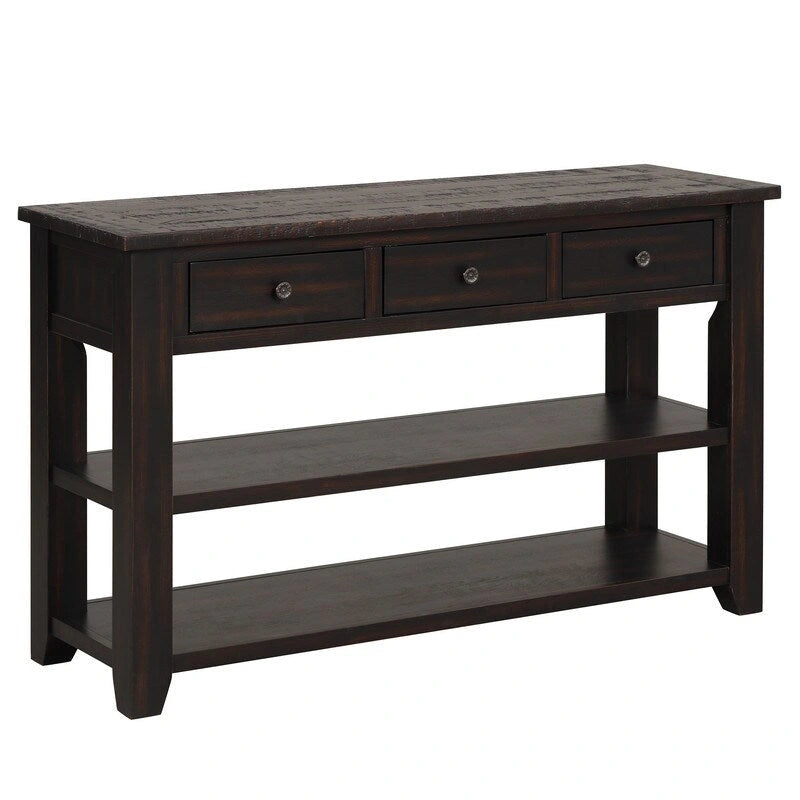 Vintage Distressed Wood Console Table with 3 Drawers and Open Shelves Blue