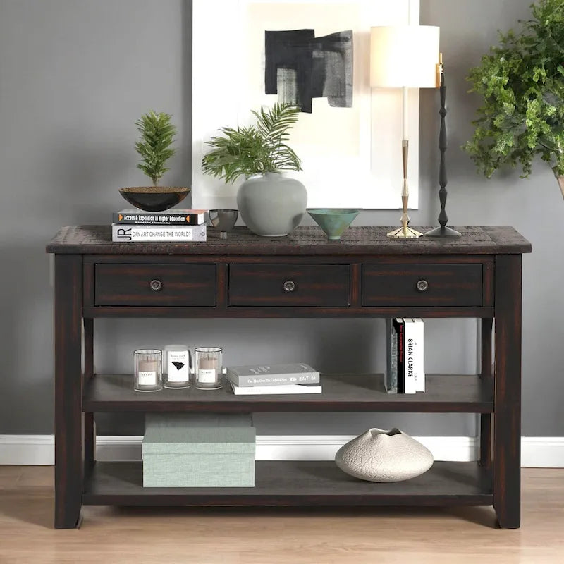 Vintage Distressed Wood Console Table with 3 Drawers and Open Shelves Blue
