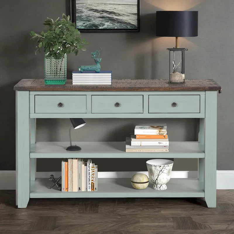 Vintage Distressed Wood Console Table with 3 Drawers and Open Shelves Blue