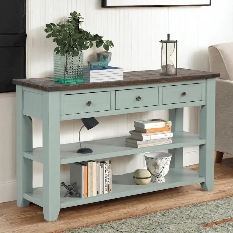 Vintage Distressed Wood Console Table with 3 Drawers and Open Shelves Blue
