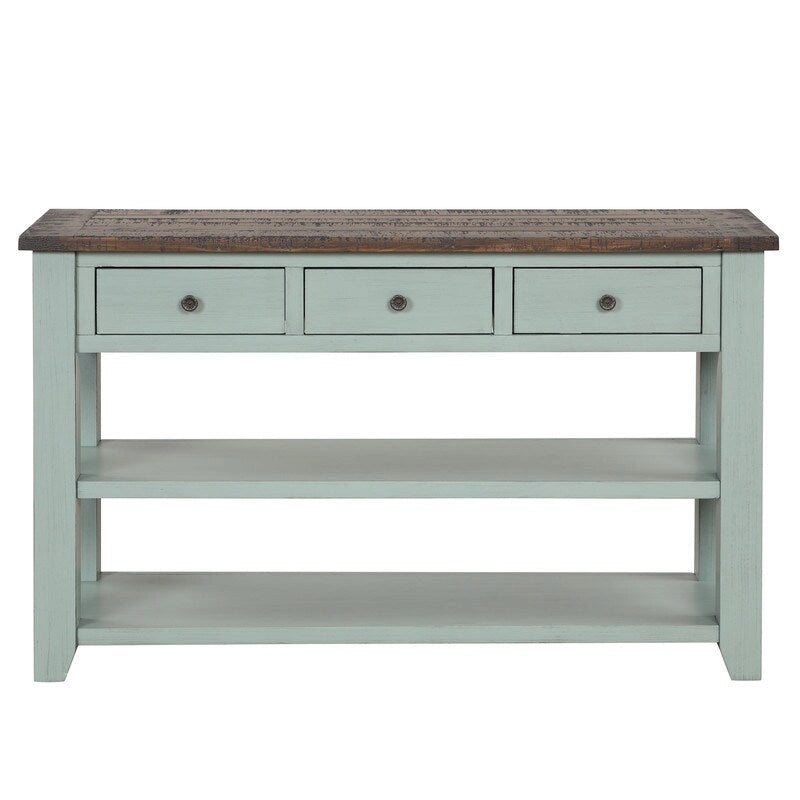 Vintage Distressed Wood Console Table with 3 Drawers and Open Shelves Blue