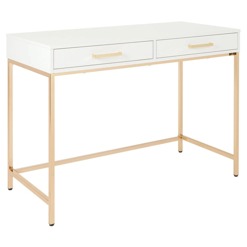 White Gloss Finish Office Desk with Gold Chrome Legs Storage Drawer