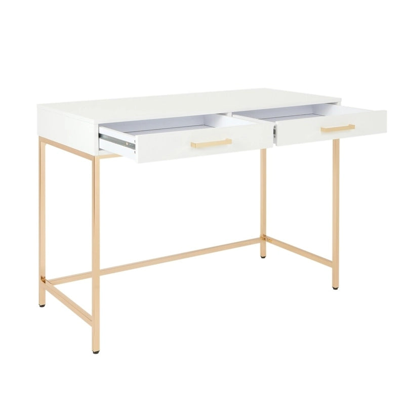 White Gloss Finish Office Desk with Gold Chrome Legs Storage Drawer