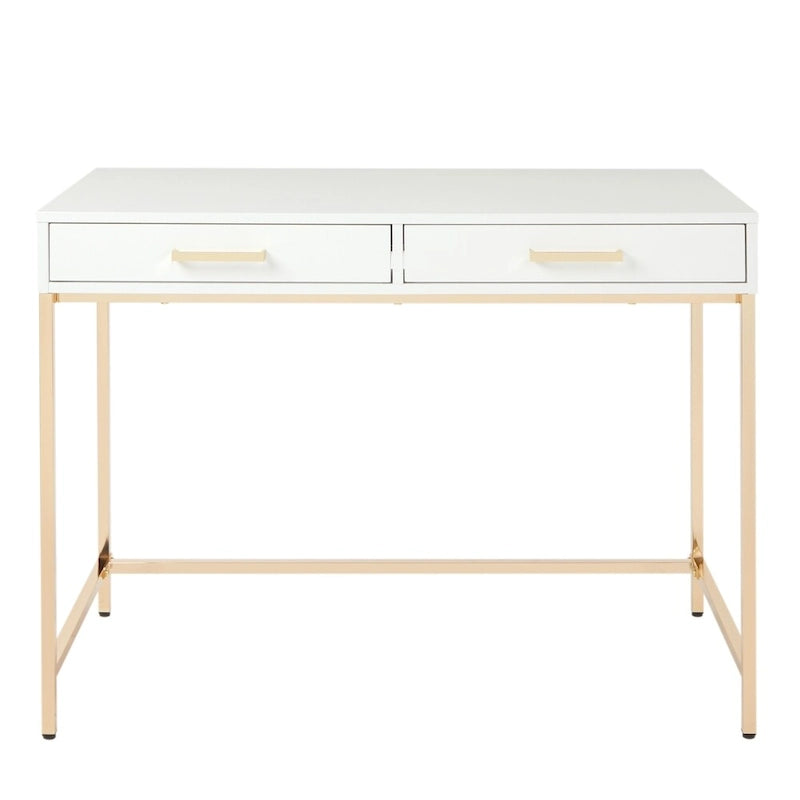 White Gloss Finish Office Desk with Gold Chrome Legs Storage Drawer