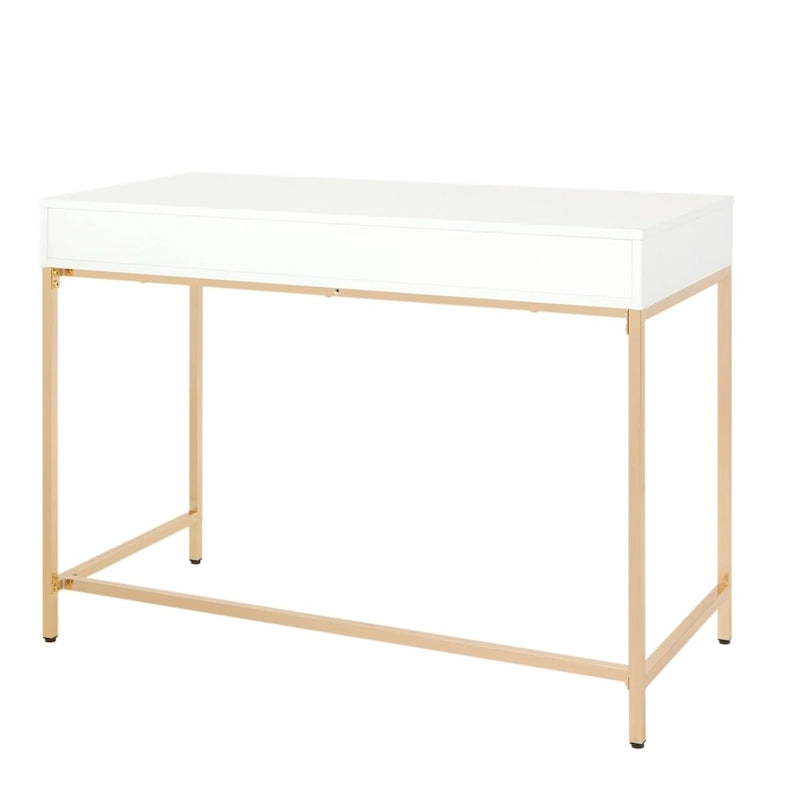 White Gloss Finish Office Desk with Gold Chrome Legs Storage Drawer