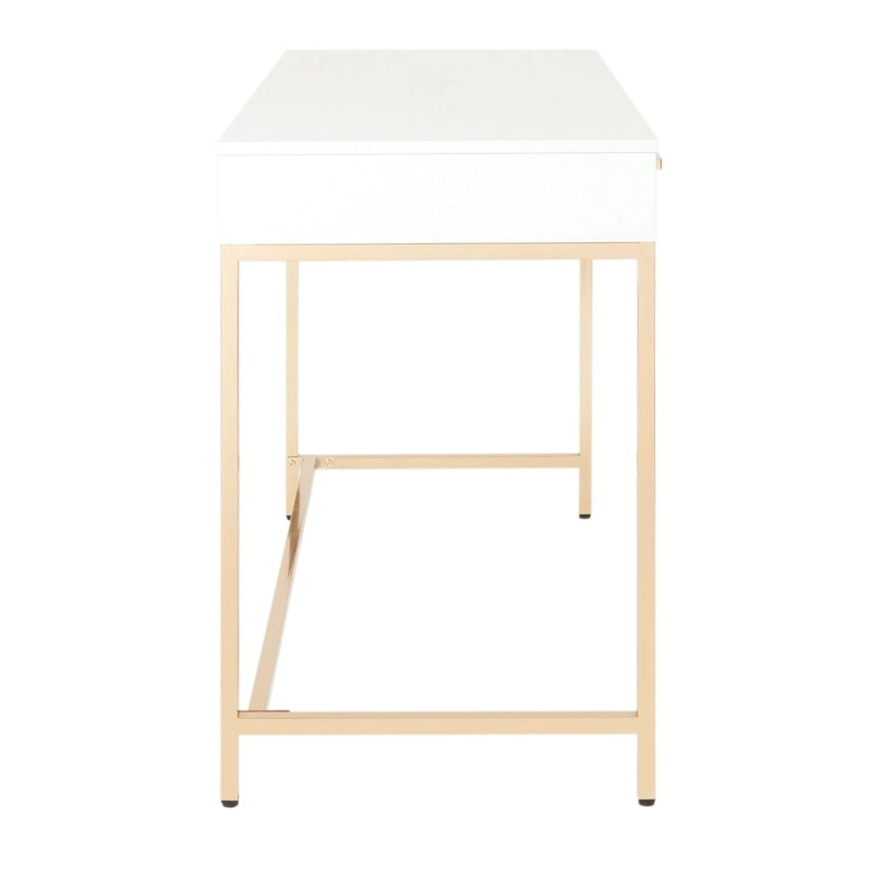 White Gloss Finish Office Desk with Gold Chrome Legs Storage Drawer