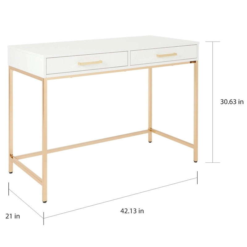 White Gloss Finish Office Desk with Gold Chrome Legs Storage Drawer