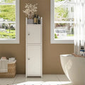 Slim White Wood Finish Bathroom Floor Cabinet with Two Doors and Adjustable Shelves