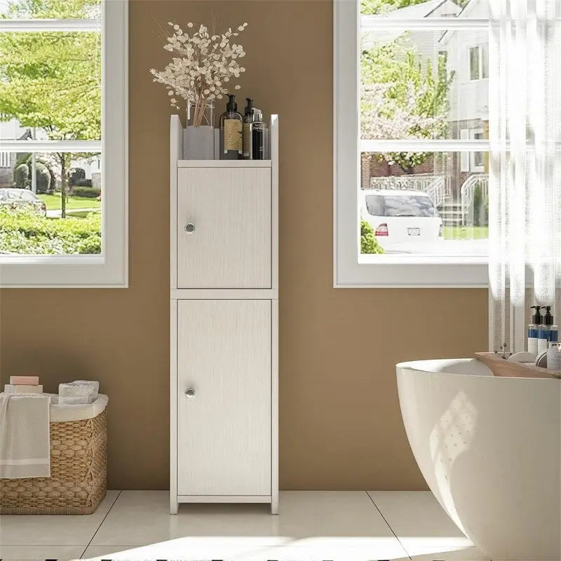 Slim White Wood Finish Bathroom Floor Cabinet with Two Doors and Adjustable Shelves