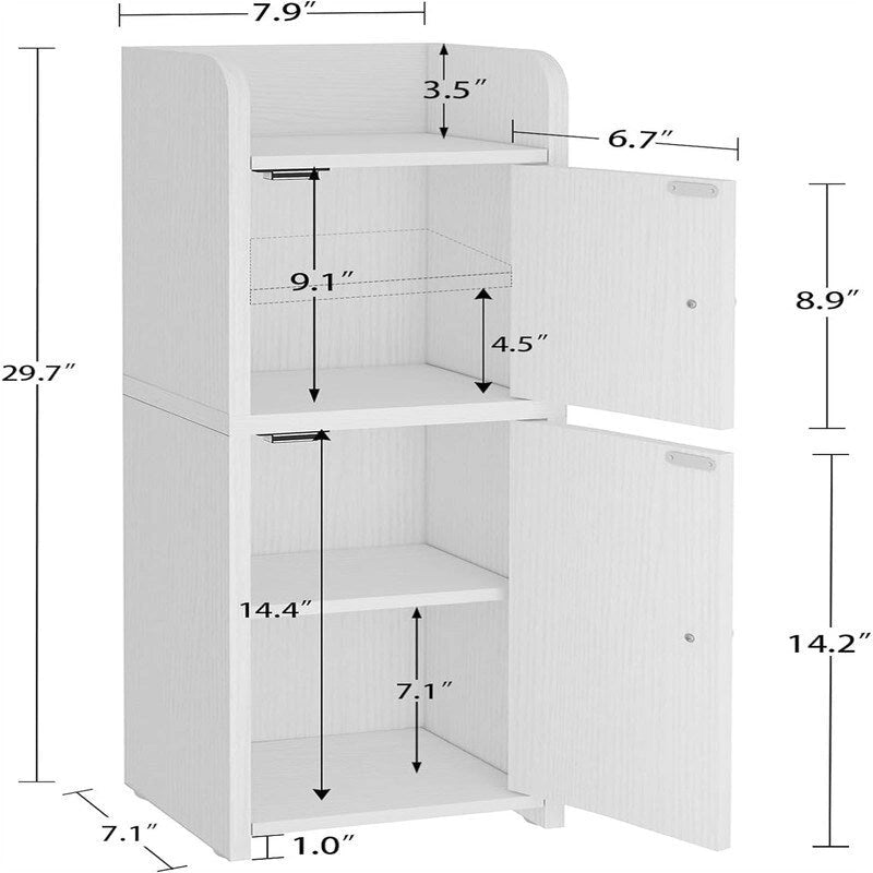 Slim White Wood Finish Bathroom Floor Cabinet with Two Doors and Adjustable Shelves