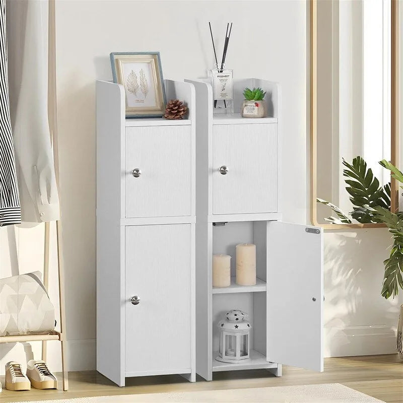 Slim White Wood Finish Bathroom Floor Cabinet with Two Doors and Adjustable Shelves