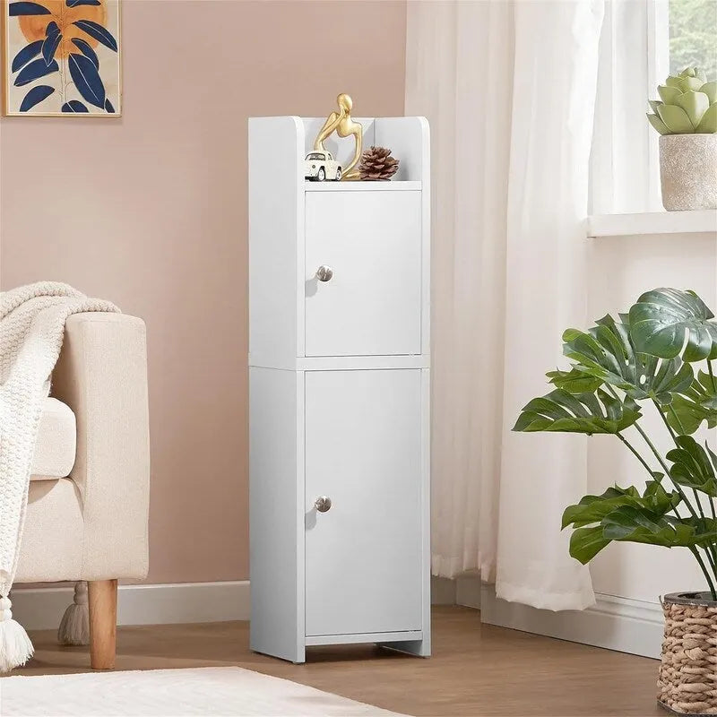 Slim White Wood Finish Bathroom Floor Cabinet with Two Doors and Adjustable Shelves