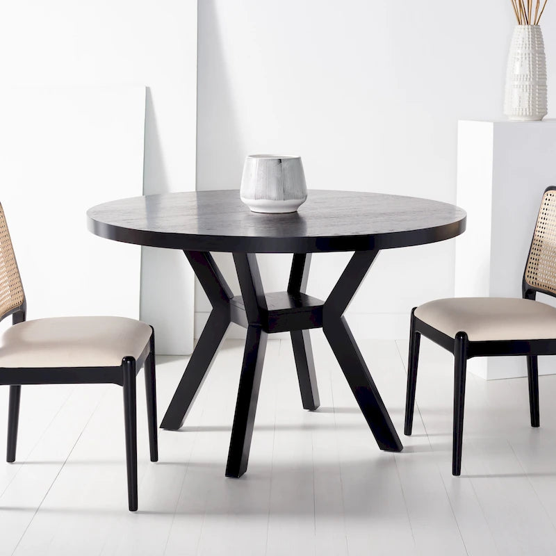 Round Wood Dining Table Dark Brown Pedestal Base Contemporary Style