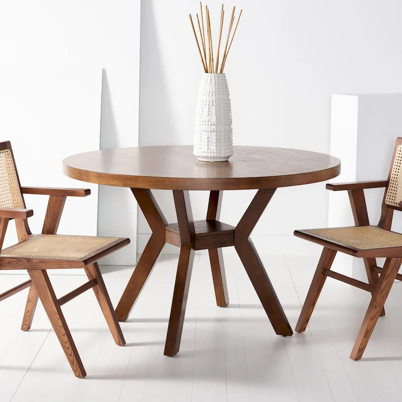 Round Wood Dining Table Dark Brown Pedestal Base Contemporary Style