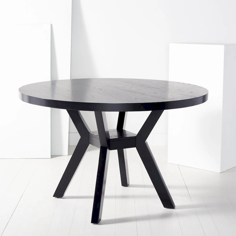 Round Wood Dining Table Dark Brown Pedestal Base Contemporary Style