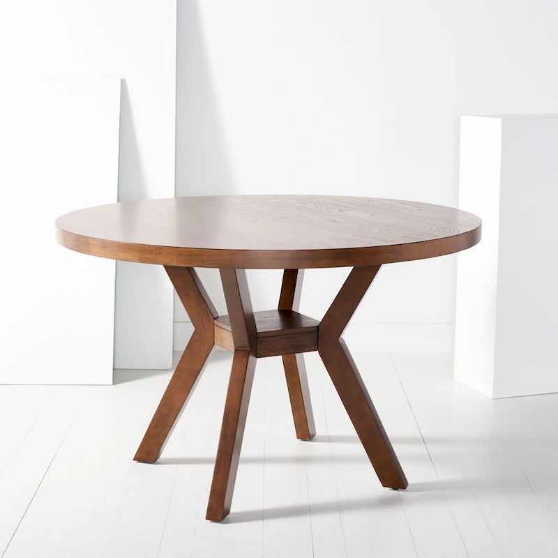 Round Wood Dining Table Dark Brown Pedestal Base Contemporary Style