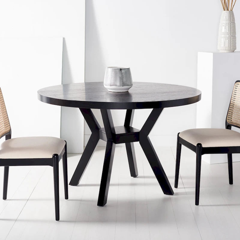 Round Wood Dining Table Dark Brown Pedestal Base Contemporary Style