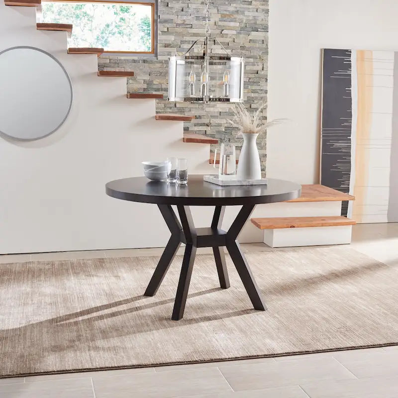 Round Wood Dining Table Dark Brown Pedestal Base Contemporary Style