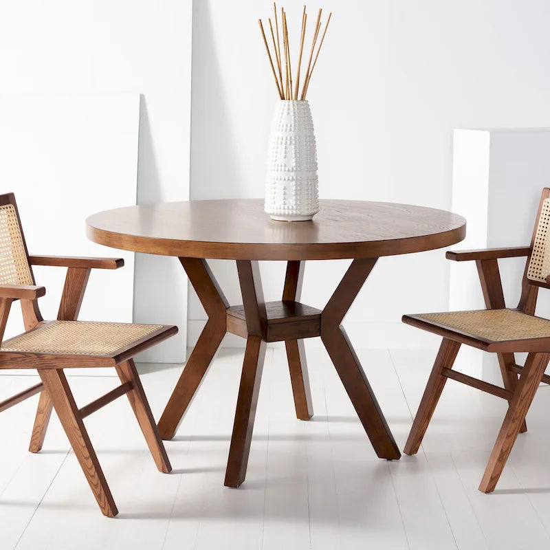 Round Wood Dining Table Dark Brown Pedestal Base Contemporary Style