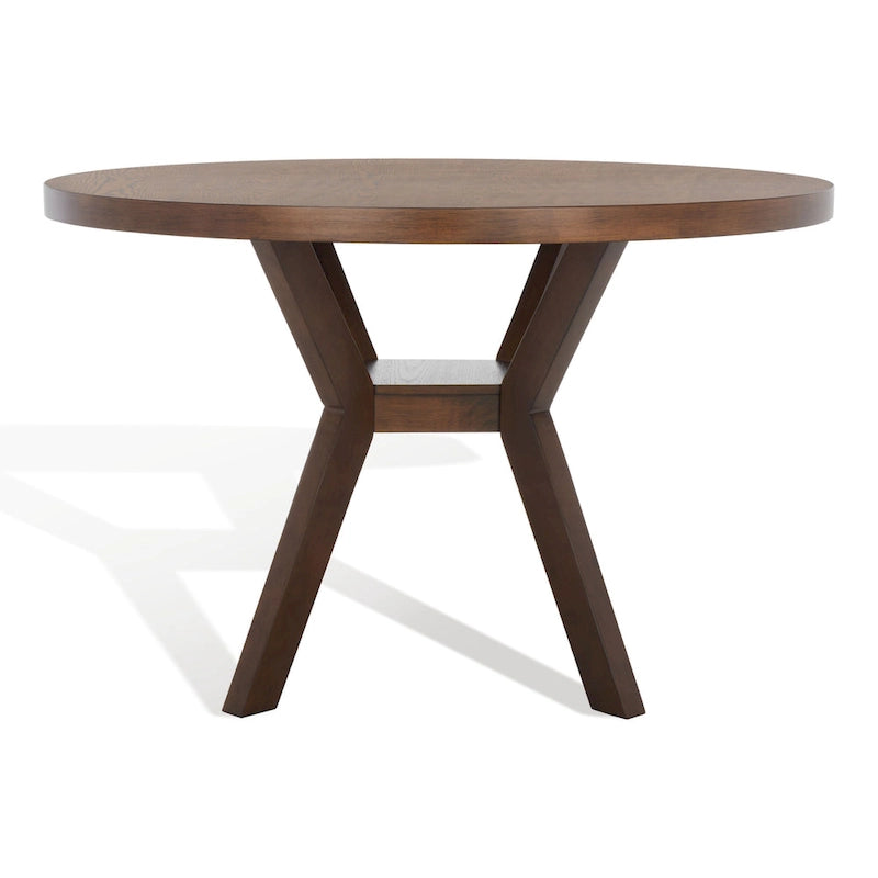 Round Wood Dining Table Dark Brown Pedestal Base Contemporary Style