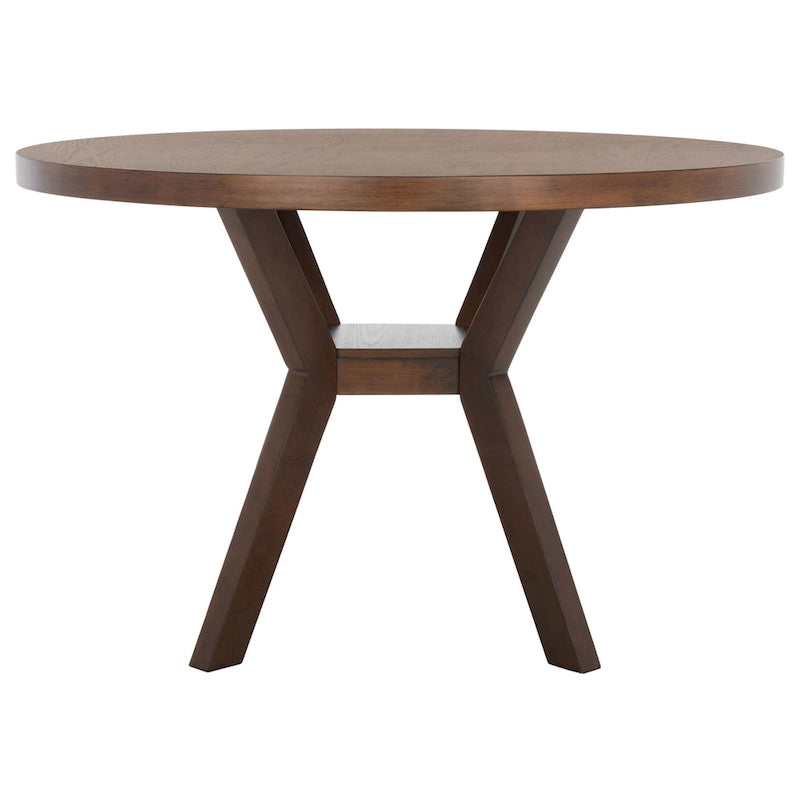 Round Wood Dining Table Dark Brown Pedestal Base Contemporary Style